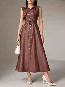 Heiryn 女式时尚前扣无袖连衣裙，秋季 - 咖啡棕 - 查看 3