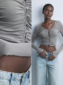 Maija 新款秋冬优雅灰色长袖女式针织网眼 V 领上衣，时尚派对和休闲日常穿着 - 灰色 - 查看 1