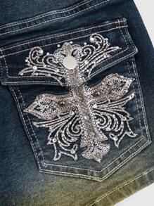 ROMWE Grunge Punk Y2K Style Sexy Cross Embroidery & Rhinestone Decor Ultra-Low Waist Women's Mini Denim Shorts - Blue - View 4