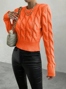 Chiquease Women's Casual Daily Solid Color Cable Knit Pullover Sweater Knit Pullover Fall Winter - Orange - View 4