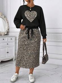 Calvaya 大码休闲豹纹心形图案仿珍珠装饰羊毛运动衫和抽绳腰直下摆裙子两件套，秋冬 - 黑色 - 查看 6