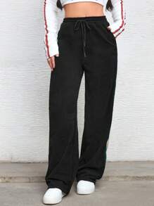 Pantalones de pana con rayas laterales para mujeres, ideales para el otoño, Acción de Gracias y Navidad - Negro - Ver 3