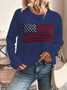 SHEIN LUNE American Flag Pattern Crew Neck Casual Pullover Sweater Knit Pullover Fall Winter - Navy Blue - View 6