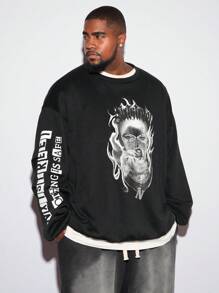 Manfinity VCAY Men's Plus Size Long Sleeve Letter Print Knitted Pullover Sweatshirt Going Out Crew Neck Fashion Graphic Sweatshirt, For Friends, Husband, Boyfriend Gifts