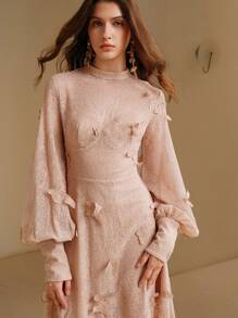 Anewsta Vintage Elegant Hollow Lace Embroidered Butterfly Round Neck Lantern Sleeve Tiered Waist Midi Dress, Autumn Maxi Women Outfit