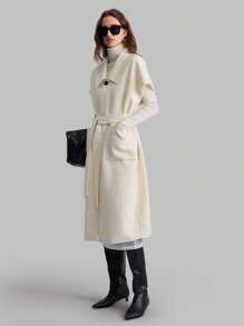 Ontre 1pc High Quality Double-Faced Blanket Coat, Beige, Wide Lapel, Belted Waist With Pockets, Elegant Christmas Style, Autumn/Winter - Apricot - View 4