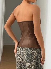 SHEIN EZwear Áo ống PU màu trơn cài nút phía trước cho nữ thường ngày - Cà phê nâu - Xem 2