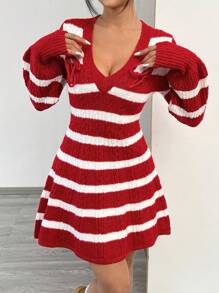 SHEIN EZwear Women Casual Daily Wear Color Block Striped Cable Knit Sweater Dress, Autumn/Winter