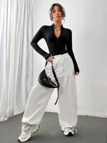 FavEase 2pcs White & Black Mock Neck Zip-Front Long Sleeve Bodysuit Fall Cloth For Women - Multicolor - View 7