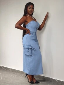 Slaydiva 女士时尚牛仔吊带背心连衣裙，后开衩纽扣，夏季 - 淺色水洗藍 - 查看 7