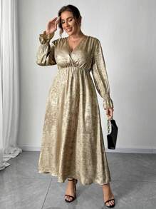SHEIN Unity Gaun Lengan Panjang Elegan Model Lilitan Leher V Polos Ukuran Plus - Emas - View 4