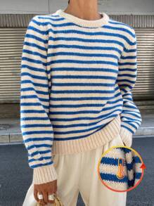 DAZY 女士休闲商务风格圆领针织毛衣，秋季女装 - 藍色 - 查看 1