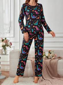 SHEIN Set Piyama Wanita Gaya INS Motif Dinosaurus Lucu di Seluruh Permukaan, Pakaian Musim Gugur dan Musim Dingin dengan Detail Nyaman dan Elegan - MultiWarna - View 4