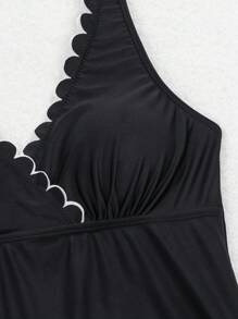 女士撞色花卉花瓣边比基尼上衣 夏季 - 黑色 - 查看 5