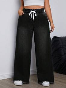 SHEIN ICON 大码纯色抽绳口袋休闲百搭男友风牛仔裤 - 黑色 - 查看 1