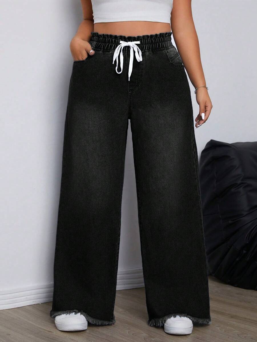 SHEIN ICON 大码纯色抽绳口袋休闲百搭男友风牛仔裤 - 黑色 - 查看 1