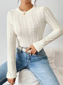 Chiquease Women Elegant Fluffy Lace Material Crew Neck T-Shirt, Autumn/Winter