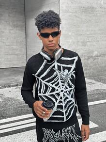SHEIN Suéter de cuello redondo de manga larga con bordado de telaraña en blanco y negro casual para niños adolescentes, adecuado para otoño, invierno, cálido, escuela, hogar, diario, deportes, calle, concierto punk, versátil, simple