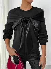 SHEIN Clasi Áo nỉ dài tay cổ tròn lót giữ nhiệt bằng satin trang trí nơ dành cho nữ, kiểu dáng thường ngày, thích hợp cho mùa thu. - màu đen - Xem 7