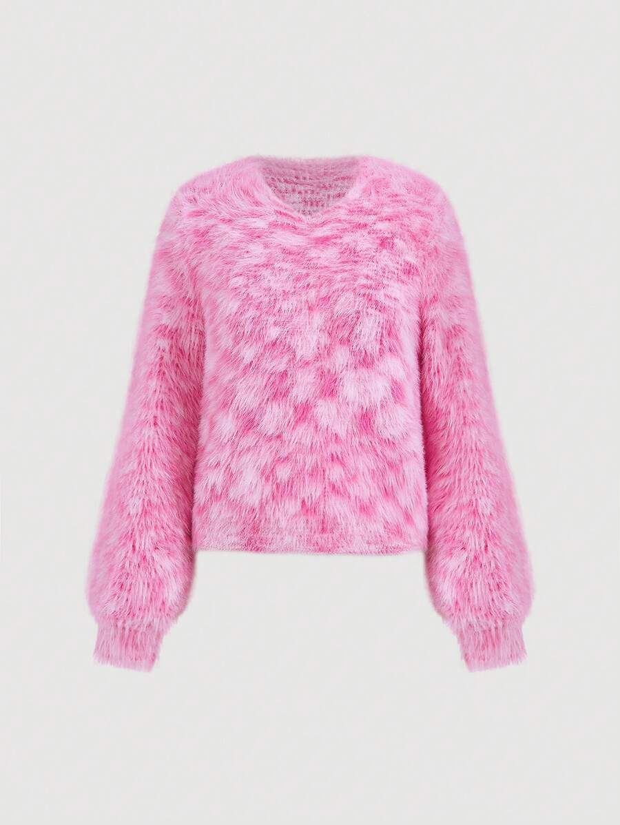 EMERY ROSE 1件女士休闲V领长袖毛绒套头衫，粉白相间，冬季针织套头衫 - 粉色 - 查看 1