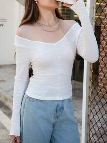 INAWLY Áo thun cổ chữ V hở vai họa tiết gân đơn giản dành cho nữ - trắng - Xem 3