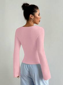 Flirla 女士方领纯色休闲套头毛衣，适合秋冬季针织衫 - 淺粉色 - 查看 2