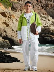 Manfinity VCAY Men's Fashionable Casual Loose Fit Patchwork Long Sleeve Hooded Jacket,Waterproof, Sunscreen And Quick Drying,Patchwork, Green, White, For Fall Winter - Green - View 4