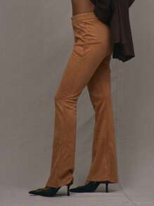 MUSERA Faux Suede Zip Fastening Flare Trousers 90's Summer Sexy - Brown - View 3