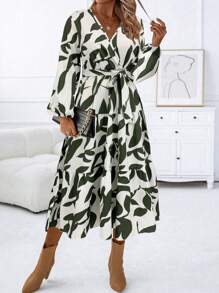 SHEIN LUNE Crossover Wrap Patchwork Lantern Sleeve Flare A-Line Dress - Army Green - View 6