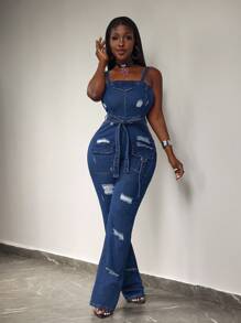 Slaydiva Women's Distressed Cargo Pocket Flared Casual Denim Jumpsuit With Suspenders - Dark Wash - View 2