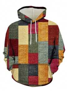 Men Spring And Summer Geometric Print Drawstring Hooded Long Sleeve Loose Sweatshirt, Fall