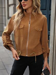 SHEIN LUNE 女士秋季休闲纯色立领抽绳下摆夹克，秋装