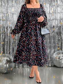 SHEIN LUNE 大码女式圆点印花方领收腰连衣裙 - 彩色 - 查看 6