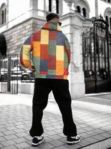 Men Spring And Summer Geometric Print Drawstring Hooded Long Sleeve Loose Sweatshirt, Fall