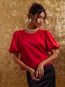 COSMINA Blusa elegante de manga abullonada de unicolor simple para mujer en verano