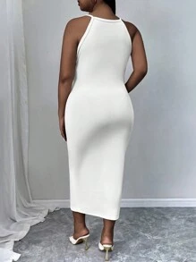 Celure Plus Size Sexy Solid Color Backless Dress - White - View 2