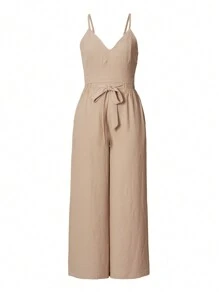 SHEIN Unity Set de 2 piezas para mujer con camiseta de tirantes de unicolor y pantalones de pierna ancha - Camel - Ver 3