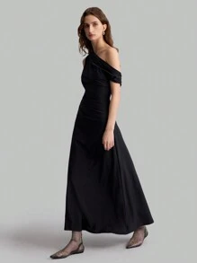 Ontre 2025 春季新款女士优雅不对称露肩长裙，适合派对穿着 - 黑色 - 查看 6