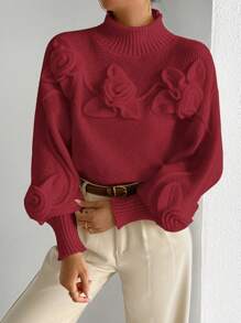 Chiquease Casual High Neck Sweater With 3D Flower Design, For Autumn/Winter Everyday Wear Knit Pullover Fall - Burgundy - View 1