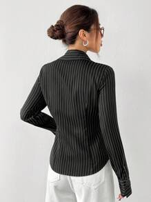SHEIN EZwear 女士黑白条纹编织衬衫，适合休闲通勤、秋季、长袖上衣 - 黑色 - 查看 2