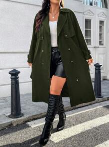 Calvaya Plus Size Solid Color Double-Breasted Belted Casual Trench Coat - Army Green - View 3