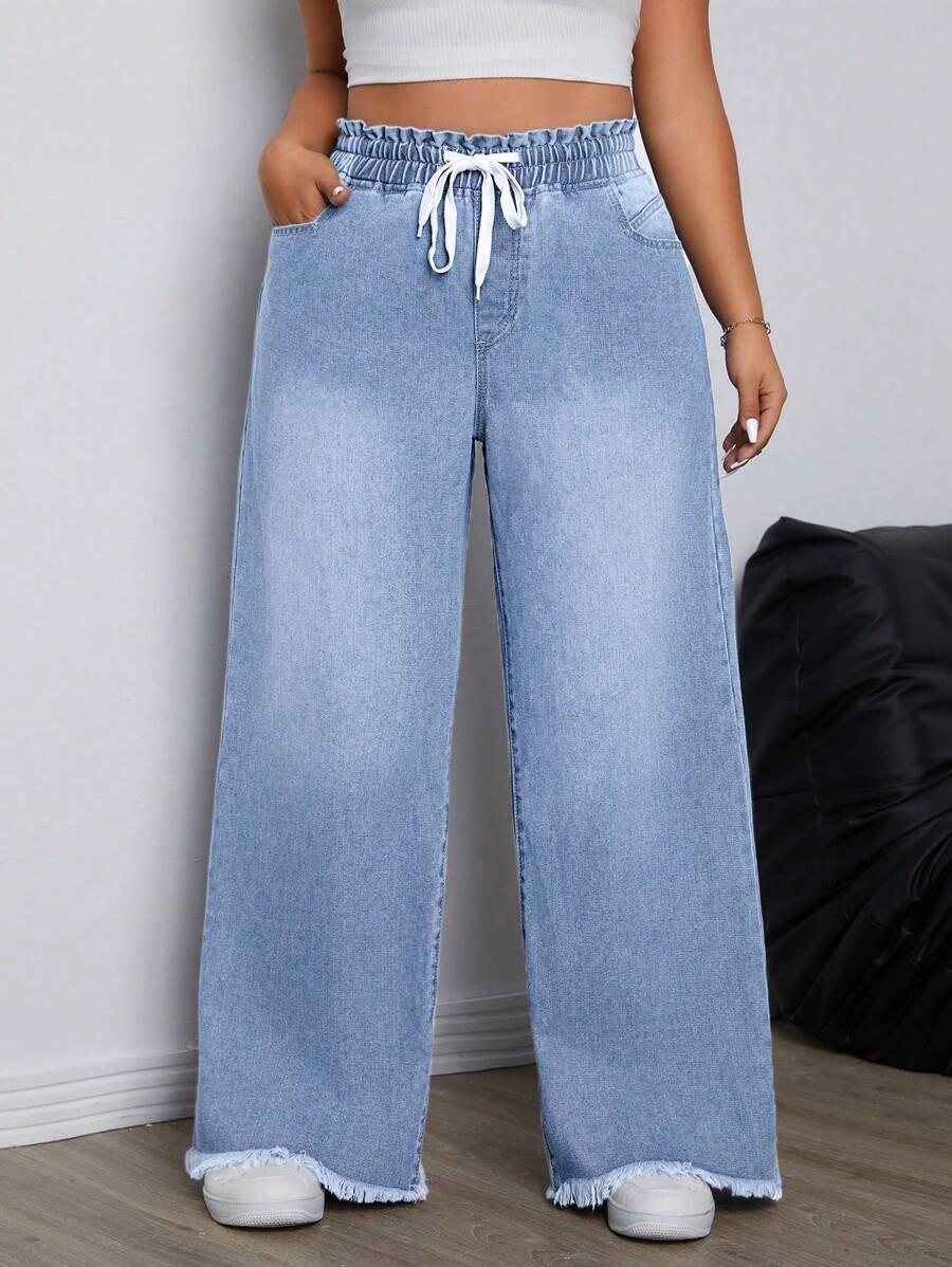 SHEIN ICON Plus Size Solid Color Drawstring Pocket Casual Versatile Boyfriend Jeans - Light Wash - View 1