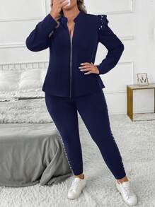 SHEIN Clasi 2 件套女士加大码优雅黑色长袖夹克配珍珠装饰和珍珠装饰裤子，适合派对和日常穿着，秋冬 - 藏蓝色 - 查看 6