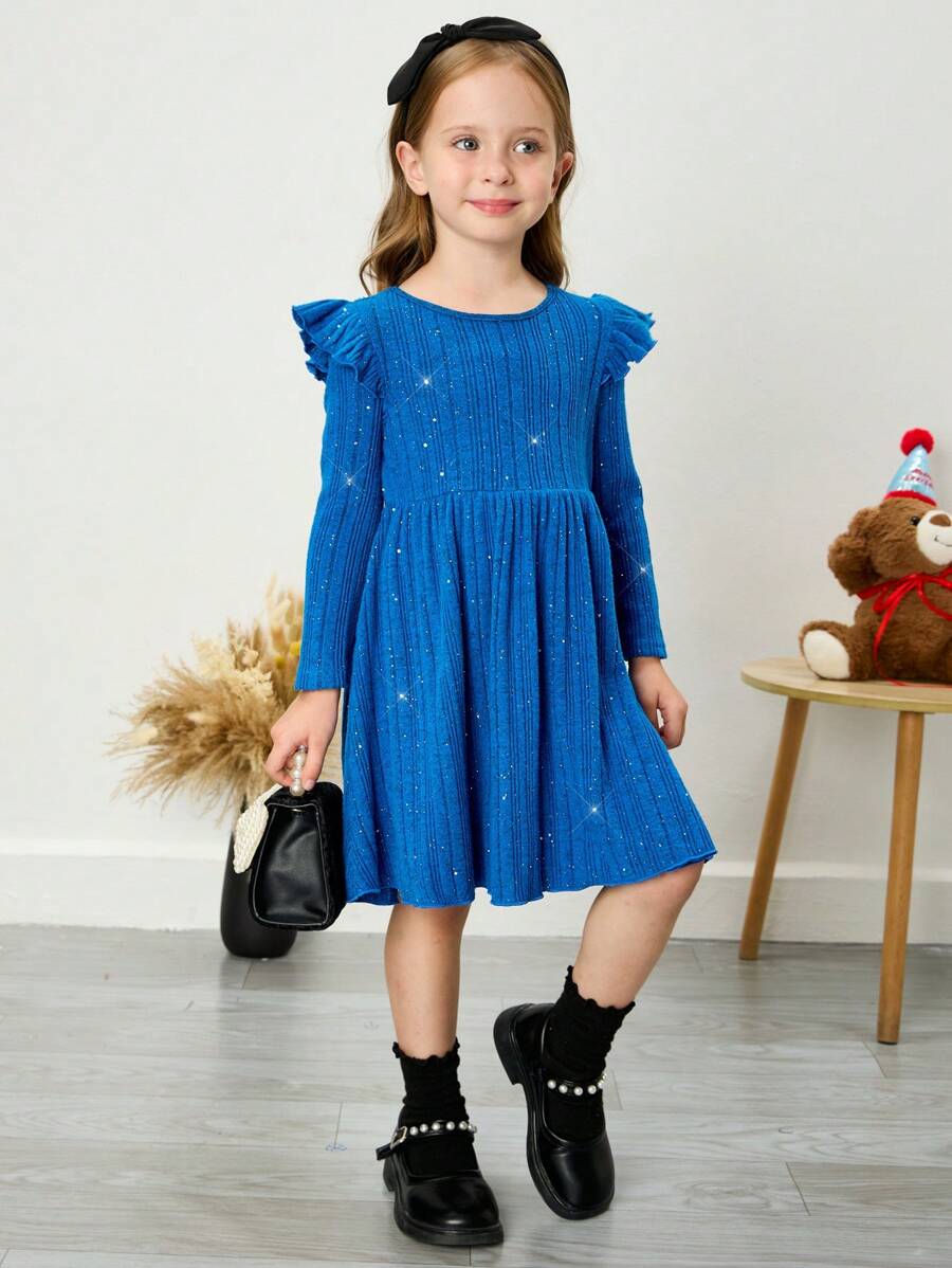 SHEIN Young Girl Solid Color Bling Ribbed Knit Ruffle Dress