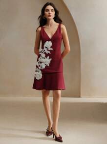 Anewsta Vestido elegante color borgoña con escote en V, sin mangas y corte de sirena con detalles florales