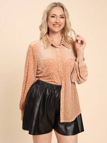 SHEIN LUNE Plus Size Women Leopard Print Long Sleeve Single-Breasted Pocket Casual Shirt, Autumn Plus Size Fall Clothes - Camel - View 6