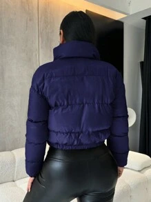 SHEIN SXY 冬季休闲纯色立领短款棉衣 - 藏蓝色 - 查看 2