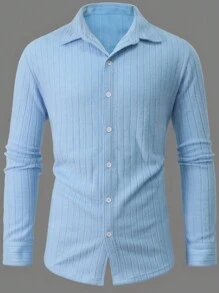 Manfinity Homme Men's Plain Corduroy Casual Commuting Striped Single-Breasted Long Sleeve Shirt, Autumn, For Work, Husband, Business