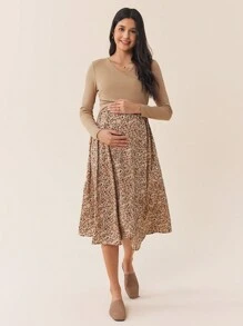 SHEIN 孕妇纯色花卉印花拼接哺乳长袖连衣裙，秋季