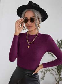 SHEIN Clasi 女士圆领长袖简约休闲毛衣上衣 - 中紫紅色 - 查看 1